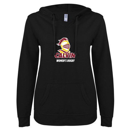  ENZA Womens Black V Notch Raw Edge Fleece Hoodie - Calvins Womens Rugby Stacked