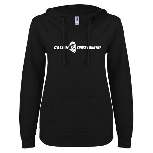  ENZA Womens Black V Notch Raw Edge Fleece Hoodie - Cross Country Horizontal