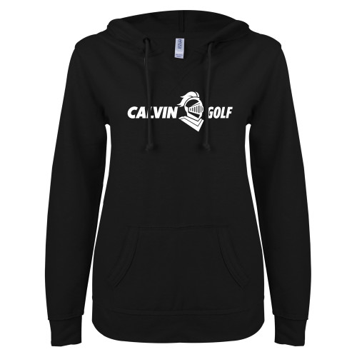  ENZA Womens Black V Notch Raw Edge Fleece Hoodie - Golf Horizontal