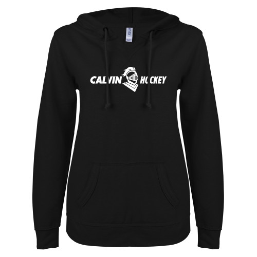  ENZA Womens Black V Notch Raw Edge Fleece Hoodie - Hockey Horizontal