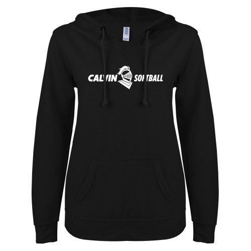  ENZA Womens Black V Notch Raw Edge Fleece Hoodie - Softball Horizontal