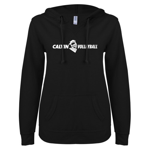  ENZA Womens Black V Notch Raw Edge Fleece Hoodie - Volleyball Horizontal