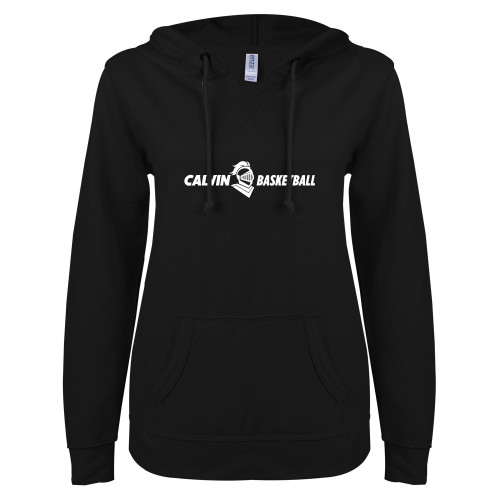  ENZA Womens Black V Notch Raw Edge Fleece Hoodie - Basketball Horizontal