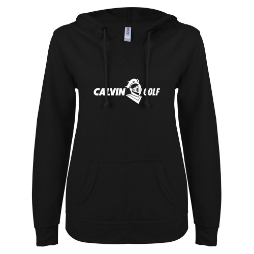  ENZA Womens Black V Notch Raw Edge Fleece Hoodie - Golf Horizontal