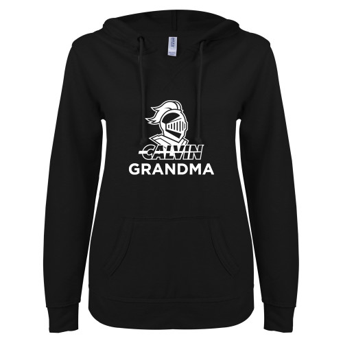  ENZA Womens Black V Notch Raw Edge Fleece Hoodie - Grandma Knight Calvin
