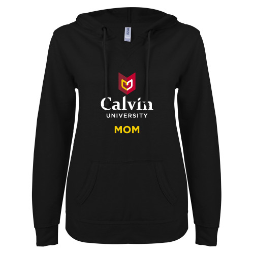  ENZA Womens Black V Notch Raw Edge Fleece Hoodie - Mom University Logo Vertical