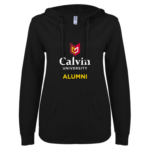  ENZA Womens Black V Notch Raw Edge Fleece Hoodie - Alumni University Logo Vertical