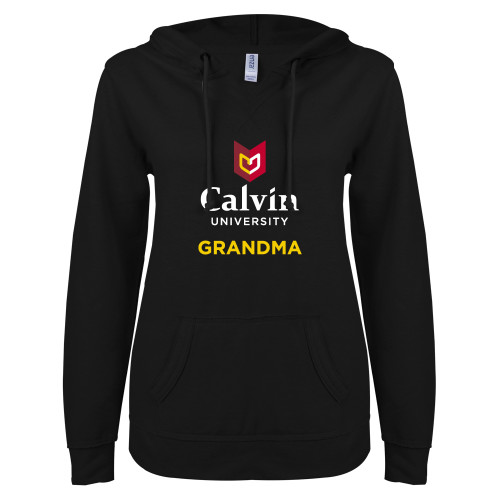  ENZA Womens Black V Notch Raw Edge Fleece Hoodie - Grandma University Logo Vertical