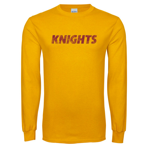  Gold Long Sleeve T Shirt - Knights Wordmark Distressed
