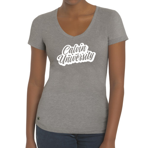  Fall Rush Ladies Athletic Grey V Neck Tee - Calvin University Script Shadow