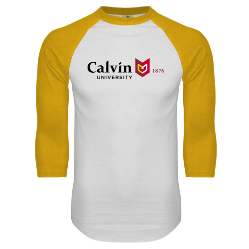  White/Gold Raglan Baseball T Shirt - University Logo 1876 Horizontal