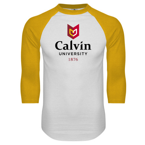  White/Gold Raglan Baseball T Shirt - University Logo 1876 Vertical