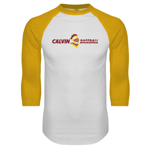  White/Gold Raglan Baseball T Shirt - Baseball Horizontal