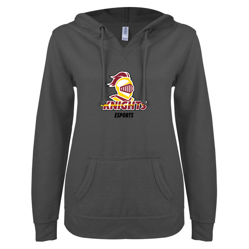  ENZA Womens Dark Heather V Notch Raw Edge Fleece Hoodie - Calvins Esports Stacked