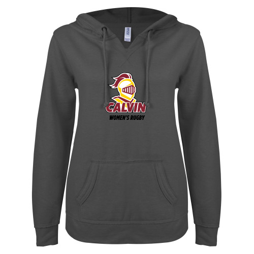 Main Image for  ENZA Womens Dark Heather V Notch Raw Edge Fleece Hoodie