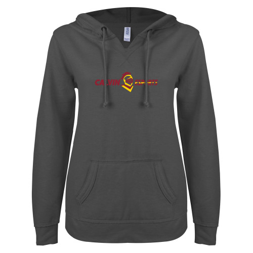  ENZA Womens Dark Heather V Notch Raw Edge Fleece Hoodie - Calvins Esports Horizontal