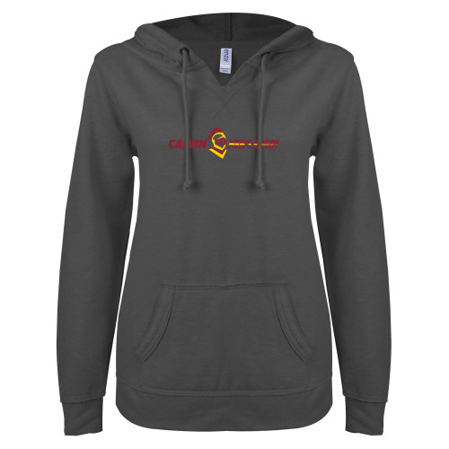 Main Image for  ENZA Womens Dark Heather V Notch Raw Edge Fleece Hoodie