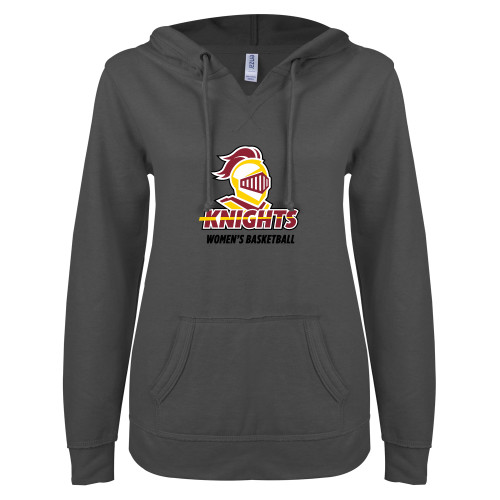  ENZA Womens Dark Heather V Notch Raw Edge Fleece Hoodie - Calvins Womens Basketball Stacked