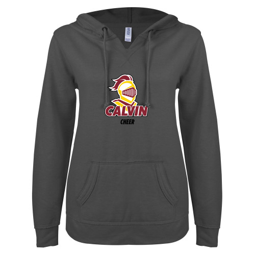  ENZA Womens Dark Heather V Notch Raw Edge Fleece Hoodie - Calvins Cheer Stacked