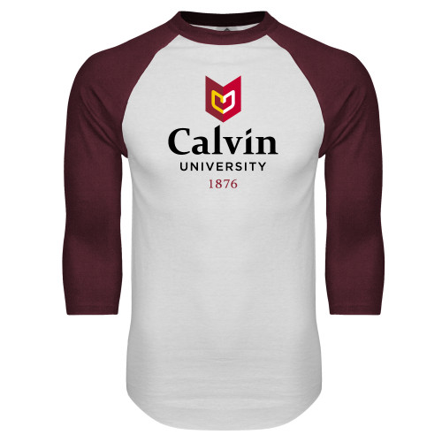  White/Maroon Raglan Baseball T Shirt - University Logo 1876 Vertical