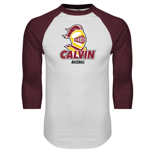  White/Maroon Raglan Baseball T Shirt - Baseball Stacked