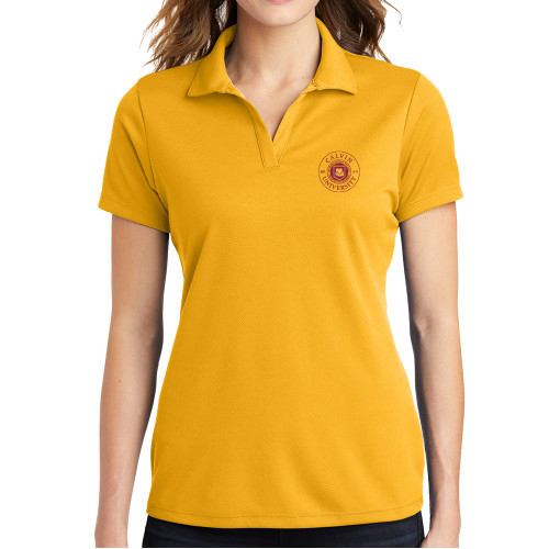  Womens Gold Dry Mesh Polo - Calvin University English Seal - 150th Anniversary