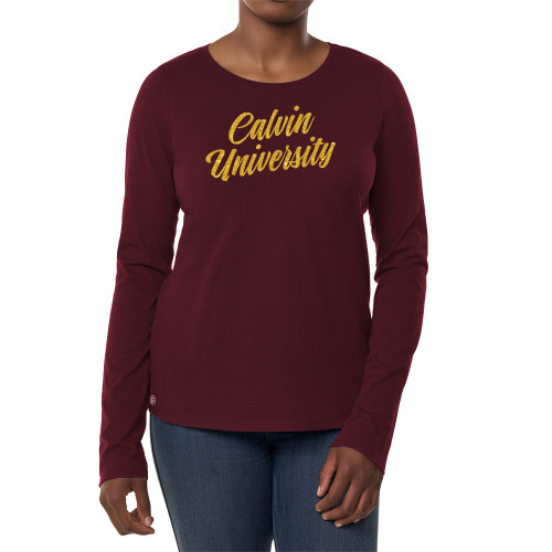  Fall Rush Ladies Deep Maroon Long Sleeve Tee - N Glitter Gold