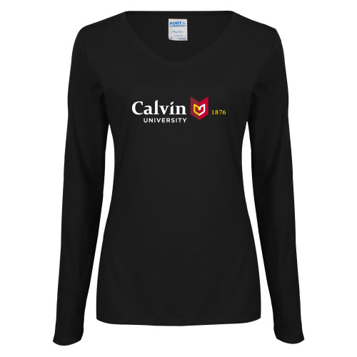  Womens Black Long Sleeve V Neck Tee  - University Logo 1876 Horizontal