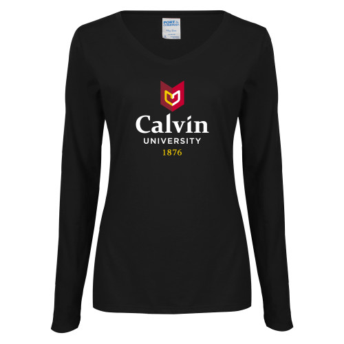  Womens Black Long Sleeve V Neck Tee  - University Logo 1876 Vertical