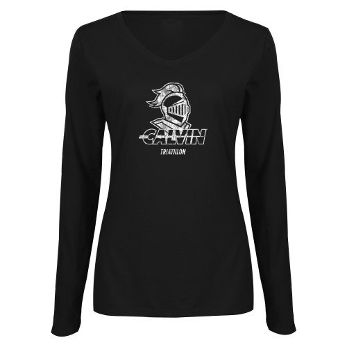  Womens Black Long Sleeve V Neck Tee  - Calvin Triathlon Distressed
