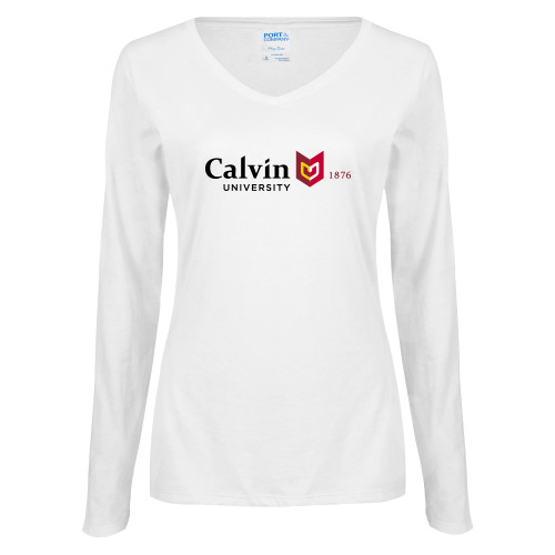  Womens White Long Sleeve V Neck Tee - University Logo 1876 Horizontal