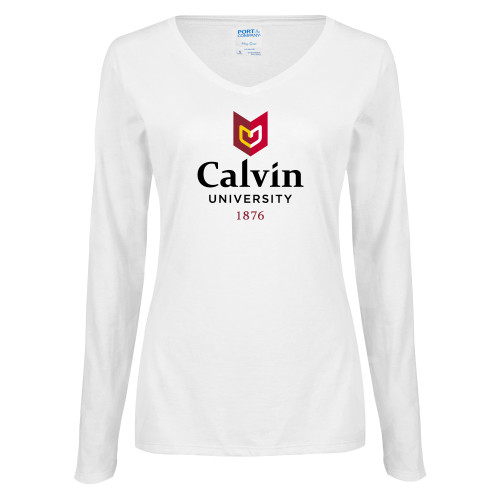  Womens White Long Sleeve V Neck Tee - University Logo 1876 Vertical