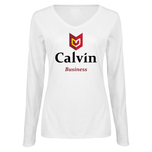  Womens White Long Sleeve V Neck Tee  - Business