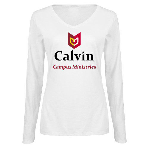  Womens White Long Sleeve V Neck Tee  - Campus Ministries