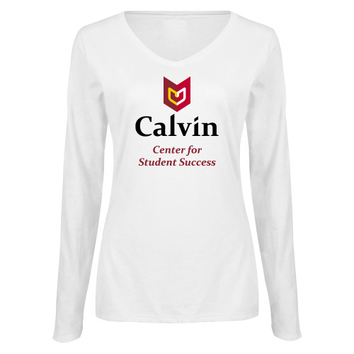  Womens White Long Sleeve V Neck Tee  - Center for Student Success