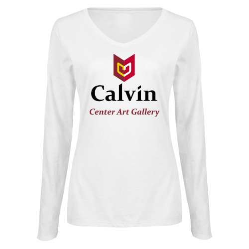 Womens White Long Sleeve V Neck Tee  - Center Art Gallery