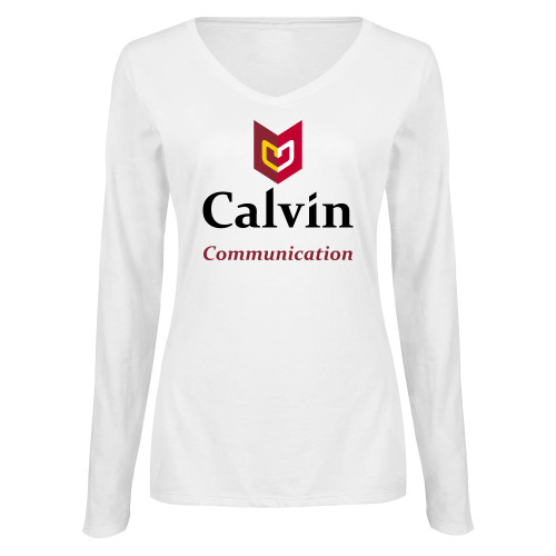  Womens White Long Sleeve V Neck Tee  - Communication