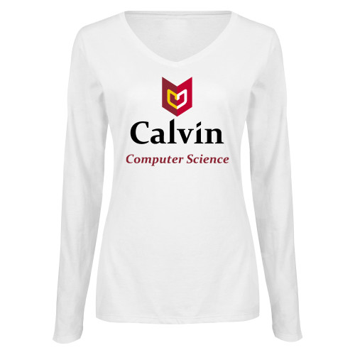  Womens White Long Sleeve V Neck Tee  - Computer Science