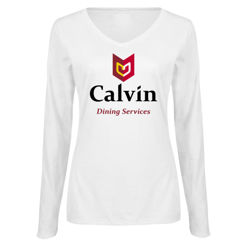 Womens White Long Sleeve V Neck Tee  - Dining Services