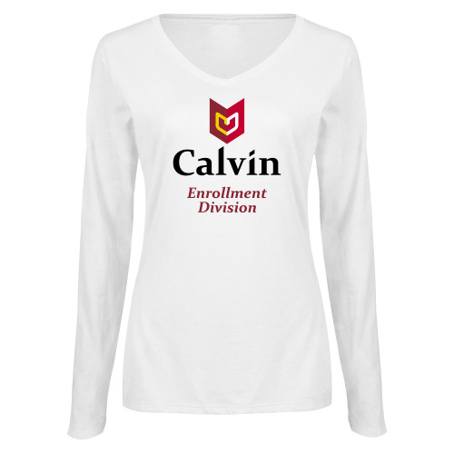  Womens White Long Sleeve V Neck Tee  - Enrollment Division