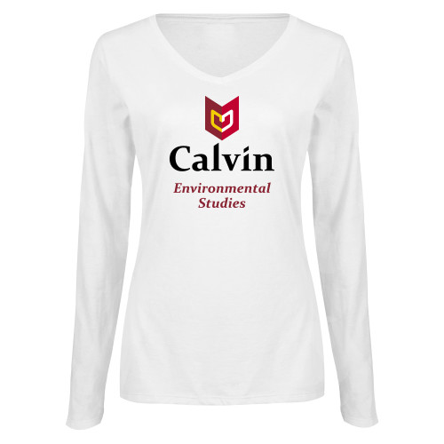  Womens White Long Sleeve V Neck Tee  - Environmental Studies