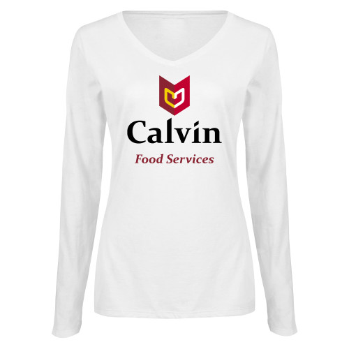  Womens White Long Sleeve V Neck Tee  - Food Services