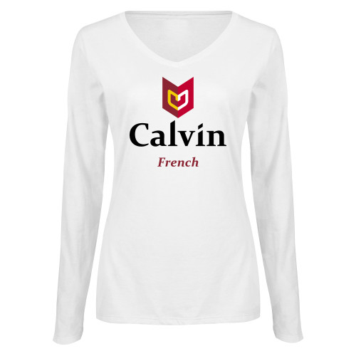  Womens White Long Sleeve V Neck Tee  - French