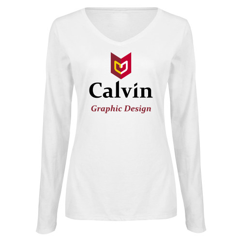  Womens White Long Sleeve V Neck Tee  - Graphic Design