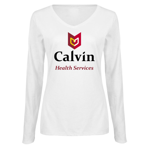  Womens White Long Sleeve V Neck Tee  - Health Services