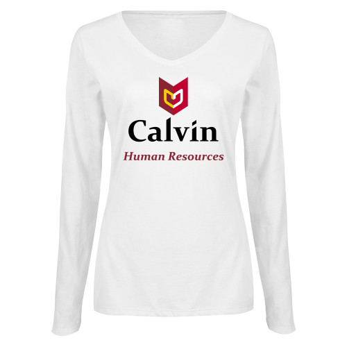  Womens White Long Sleeve V Neck Tee  - Human Resources