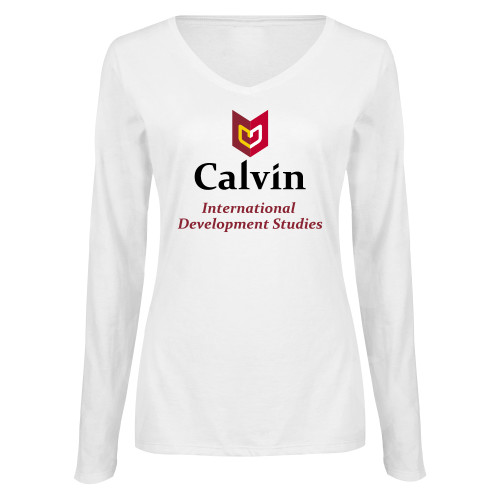  Womens White Long Sleeve V Neck Tee  - International Development Studies