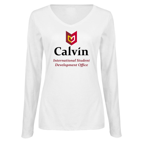  Womens White Long Sleeve V Neck Tee  - International Student Developmnt Office