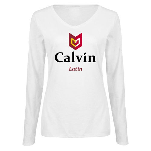 Womens White Long Sleeve V Neck Tee  - Latin