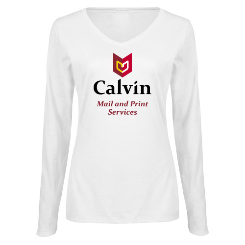  Womens White Long Sleeve V Neck Tee  - Mail and Print Services